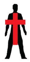 Silueta de una persona en negro, con una cruz roja encima